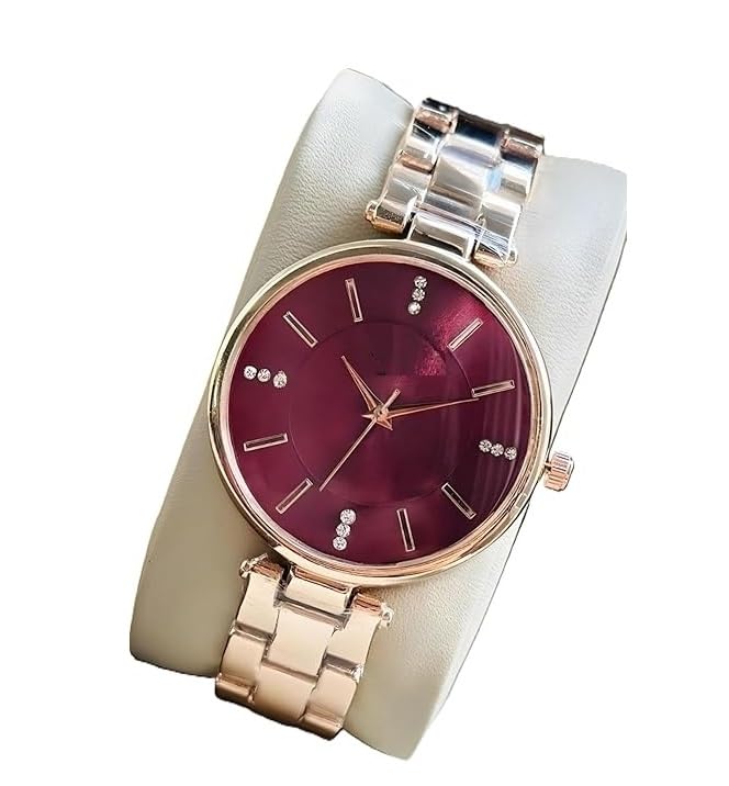 Rlines Rose Gold Ladies Watch, Blue Dial with Crystal Markers, Metal Strap, Analog Display Red