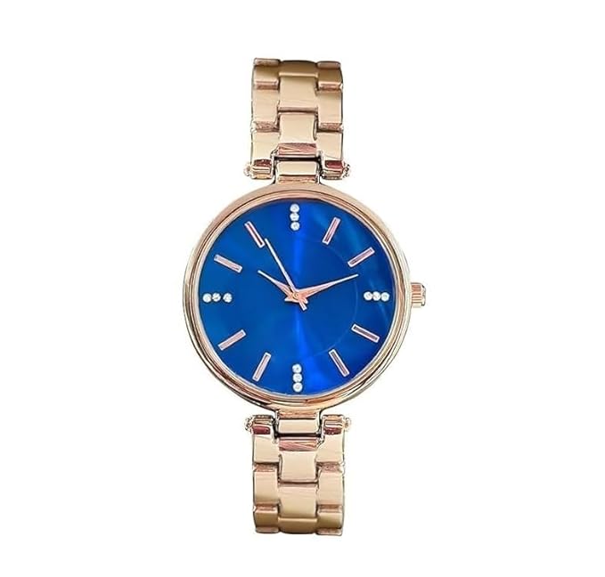 Rlines Rose Gold Ladies Watch, Blue Dial with Crystal Markers, Metal Strap, Analog Display Blue