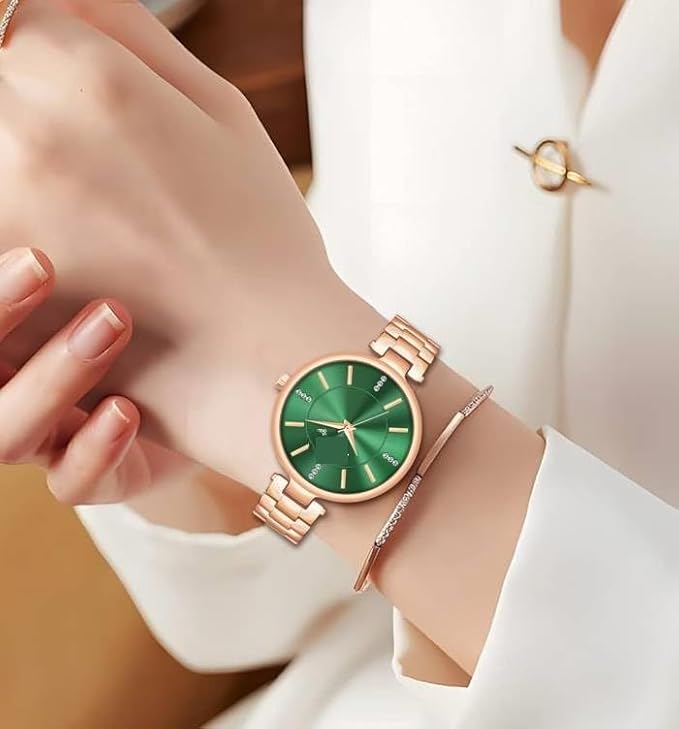 Rose Gold Ladies Watch, Blue Dial with Crystal Markers, Metal Strap, Analog Display Green
