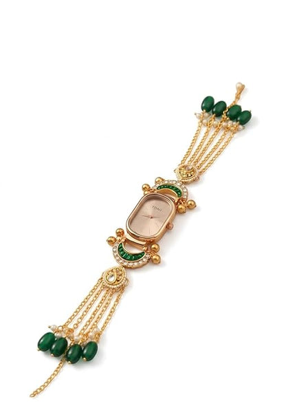 Women’s Analog Bracelet – Luxury Ethnic Designer Gold Timepiece with Stone Detailing