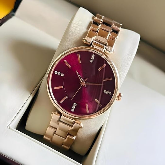 Rlines Rose Gold Ladies Watch, Blue Dial with Crystal Markers, Metal Strap, Analog Display Red