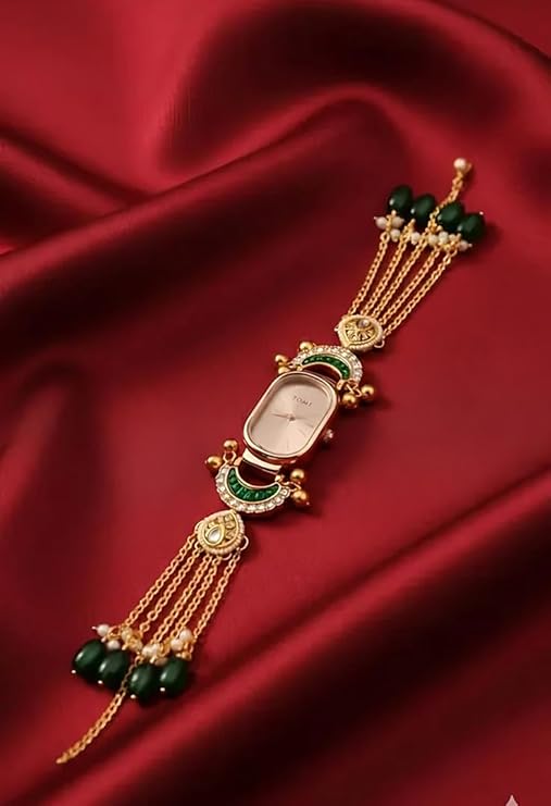 Women’s Analog Bracelet – Luxury Ethnic Designer Gold Timepiece with Stone Detailing