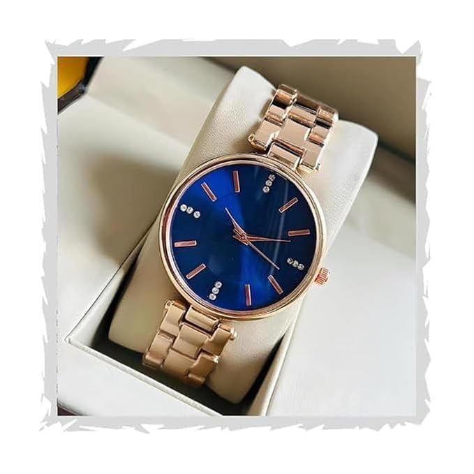 Rlines Rose Gold Ladies Watch, Blue Dial with Crystal Markers, Metal Strap, Analog Display Blue