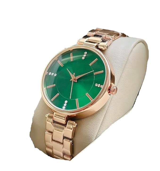 Rose Gold Ladies Watch, Blue Dial with Crystal Markers, Metal Strap, Analog Display Green