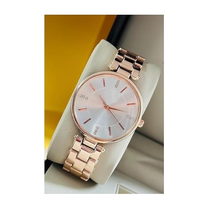 Rlines Rose Gold Ladies Watch, Blue Dial with Crystal Markers, Metal Strap, Analog Display