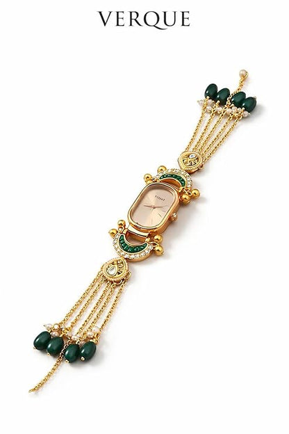 Women’s Analog Bracelet – Luxury Ethnic Designer Gold Timepiece with Stone Detailing