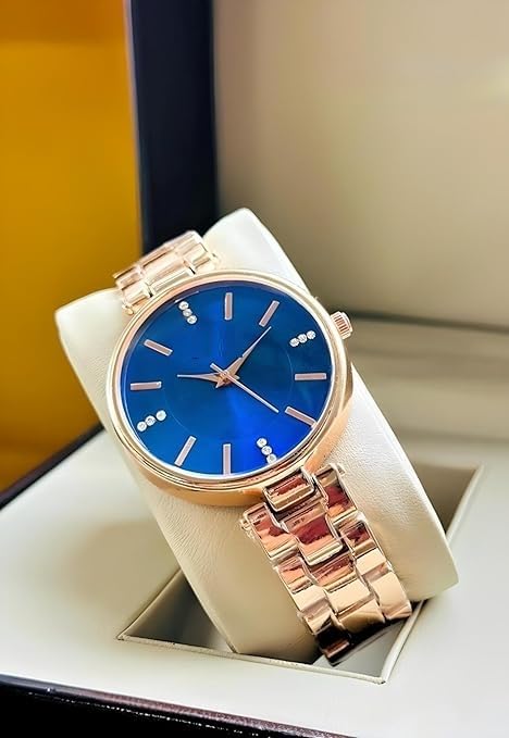 Rlines Rose Gold Ladies Watch, Blue Dial with Crystal Markers, Metal Strap, Analog Display Blue