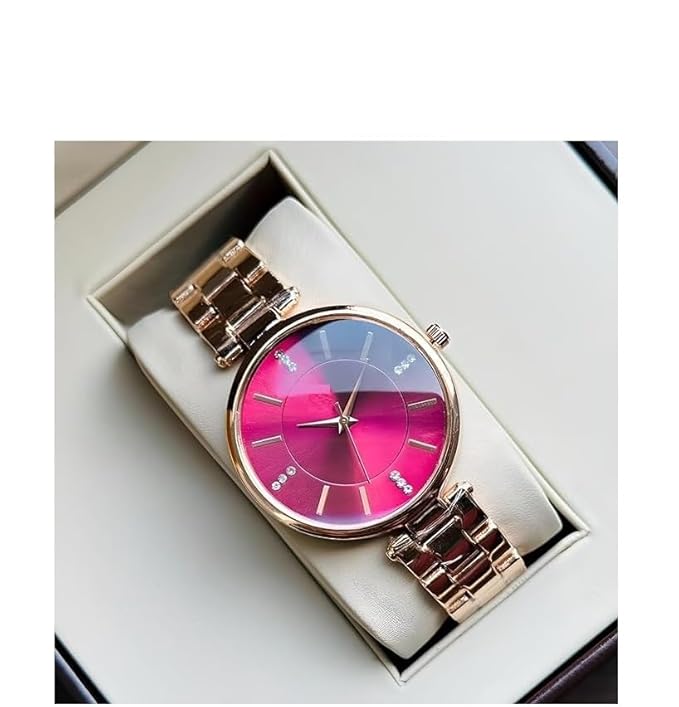 Rlines Rose Gold Ladies Watch, Blue Dial with Crystal Markers, Metal Strap, Analog Display Red