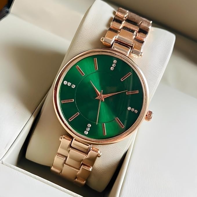Rose Gold Ladies Watch, Blue Dial with Crystal Markers, Metal Strap, Analog Display Green