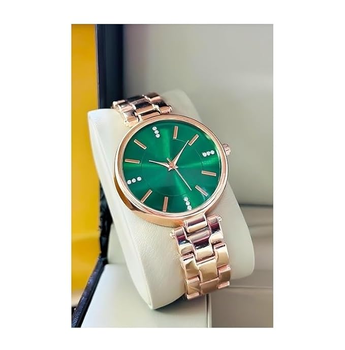 Rose Gold Ladies Watch, Blue Dial with Crystal Markers, Metal Strap, Analog Display Green