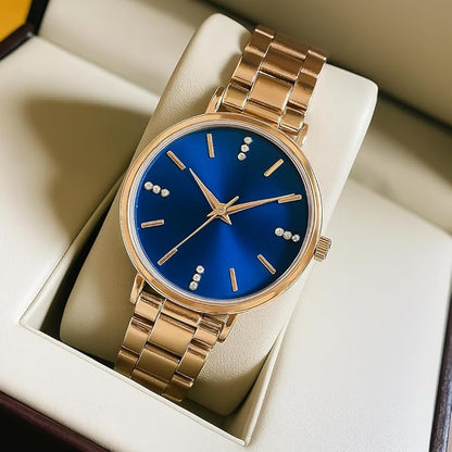 Rlines Rose Gold Ladies Watch, Blue Dial with Crystal Markers, Metal Strap, Analog Display Blue