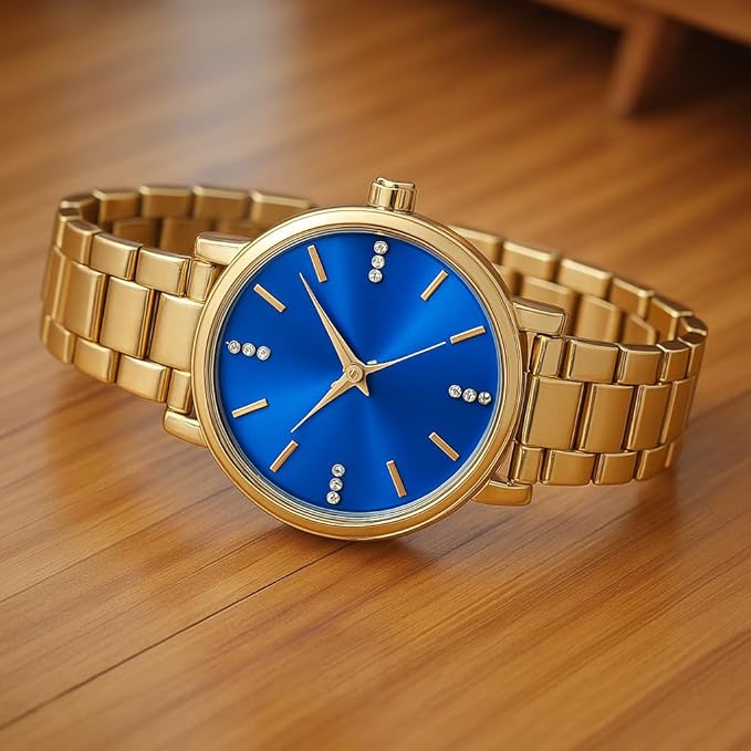 Rlines Rose Gold Ladies Watch, Blue Dial with Crystal Markers, Metal Strap, Analog Display Blue