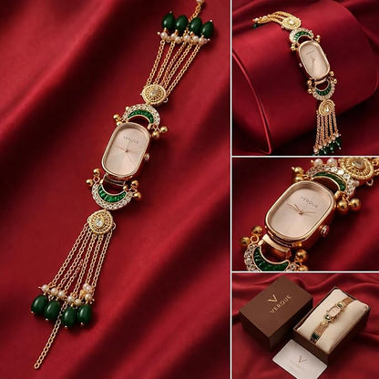 Women’s Analog Bracelet – Luxury Ethnic Designer Gold Timepiece with Stone Detailing